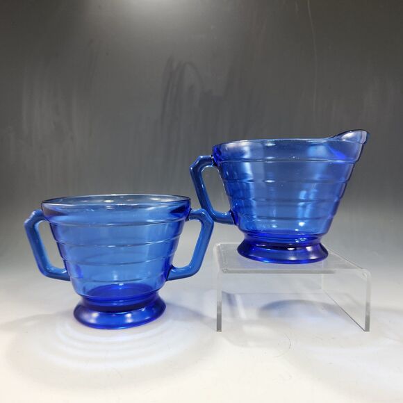 VTG Moderntone Creamer & Open Sugar Set 2 pc Cobalt Blue Hazel Atlas Glass 1930s - Picture 2 of 6